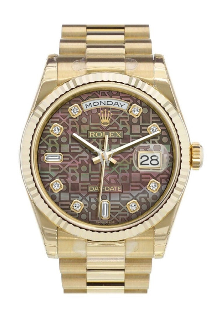 ROLEX 118238 Day Date 36 Black Mother of pearl Diamond Dial Gold President Watch WatchGuyNYC