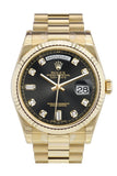 Rolex Day-Date 36 Black Set With Diamonds Dial Fluted Bezel President Yellow Gold Watch 118238
