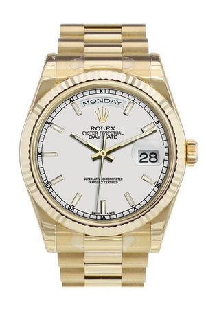Rolex Day-Date 36 White Dial Fluted Bezel President Yellow Gold Watch 118238