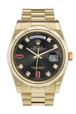 Rolex Day-Date 36 Black Set With Diamonds And Rubies Dial Fluted Bezel President Yellow Gold Watch