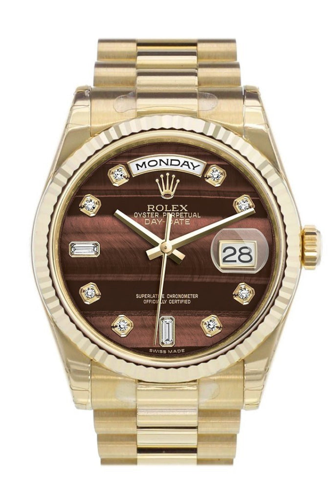 Rolex Day Date 36 Bull s eye set with diamonds Dial Fluted Bezel President Yellow Gold Watch 118238