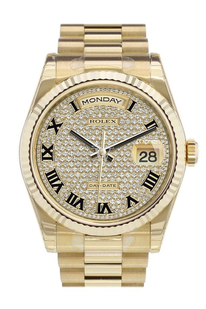 Rolex Day-Date 36 Diamond-Paved Dial Fluted Bezel President Yellow Gold Watch 118238
