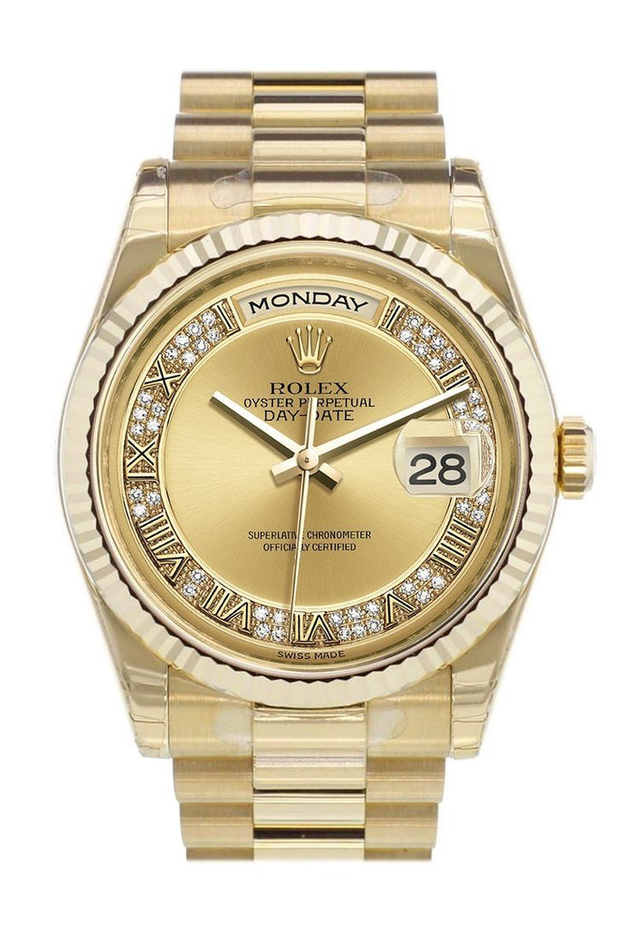 Rolex Day-Date 36 Champagne-Colour Set With Diamonds Dial Fluted Bezel President Yellow Gold Watch