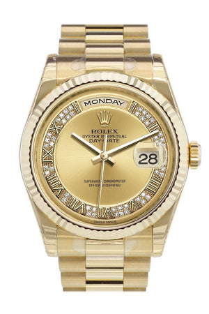 Rolex Day-Date 36 Champagne-Colour Set With Diamonds Dial Fluted Bezel President Yellow Gold Watch