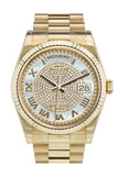 Rolex Day-Date 36 White Mother-Of-Pearl Diamond Paved Dial Fluted Bezel President Yellow Gold Watch