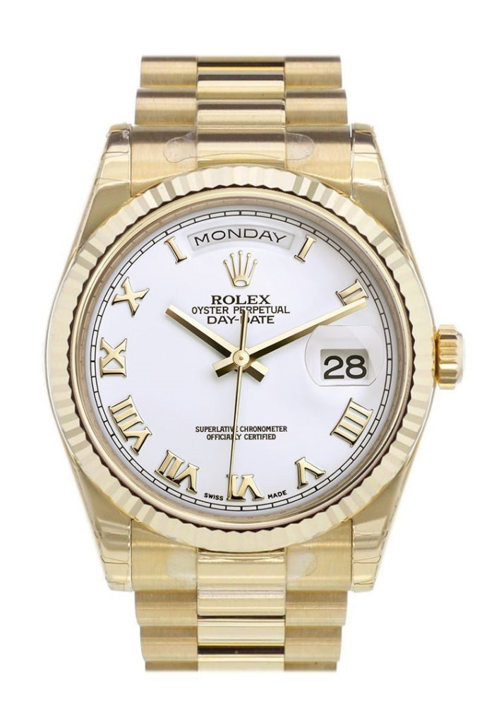 Rolex Day Date 36 White Dial Fluted Bezel President Yellow Gold Watch 118238