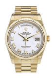 Rolex Day-Date 36 White Dial Fluted Bezel President Yellow Gold Watch 118238