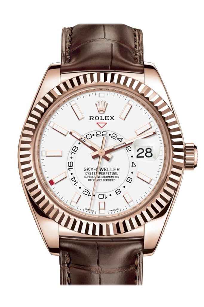 Rolex Sky Dweller White Dial 18K Rose Gold Brown Leather Strap Mens Watch 326135