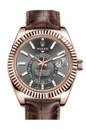 Rolex Sky Dweller Dark Rhodium Dial 18K Rose Gold Brown Leather Strap Mens Watch 326135