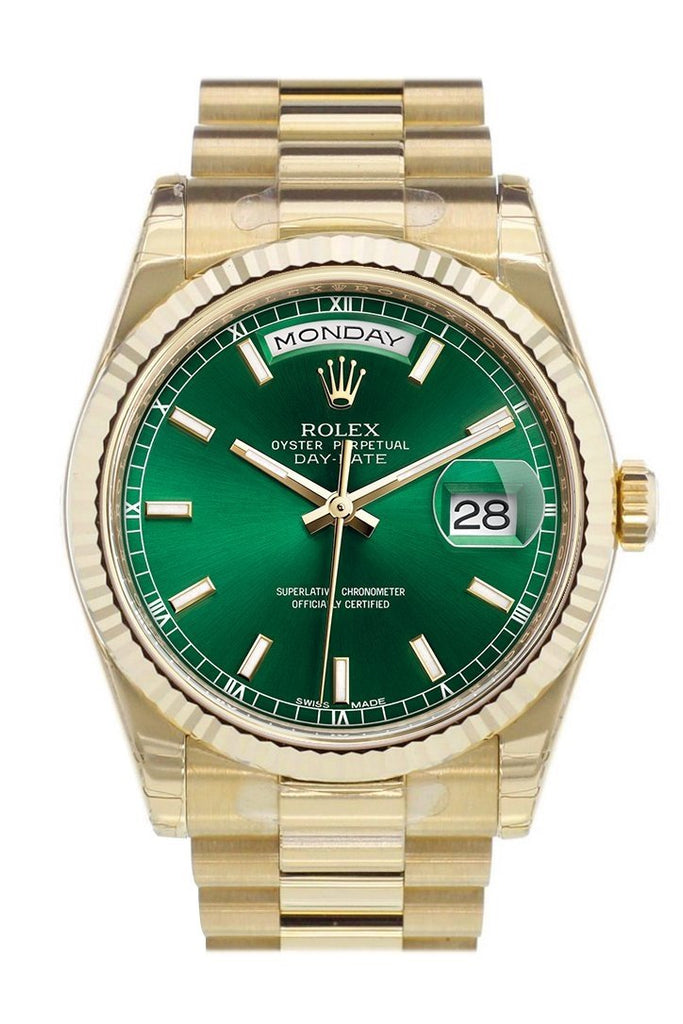 nuance R Bugt ROLEX 118238 Day-Date 36 Green Dial Gold President Watch | WatchGuyNYC