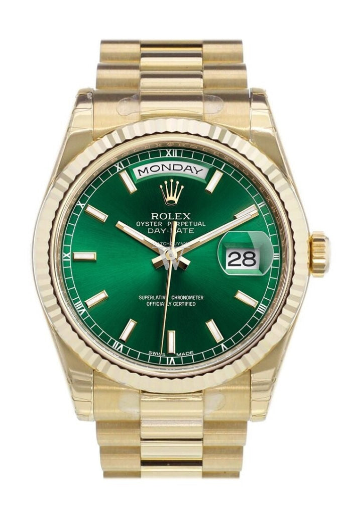 nuance R Bugt ROLEX 118238 Day-Date 36 Green Dial Gold President Watch | WatchGuyNYC