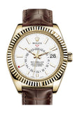 Rolex Sky Dweller White Dial 18K Yellow Gold Brown Leather Strap Mens Watch 326138