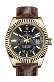 Rolex Sky Dweller Dark Rhodium Dial 18k Yellow Gold Brown Leather Strap Men's Watch 326138