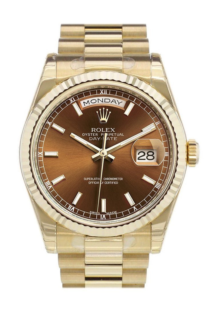 Rolex Day-Date 36 Cognac Dial Fluted Bezel President Yellow Gold Watch 118238