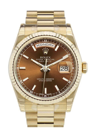 Rolex Day-Date 36 Cognac Dial Fluted Bezel President Yellow Gold Watch 118238