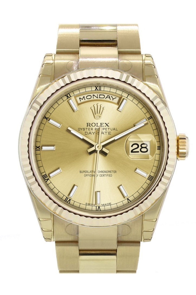 Rolex Day-Date 36 Champagne-Colour Dial Fluted Bezel Yellow Gold Watch 118238