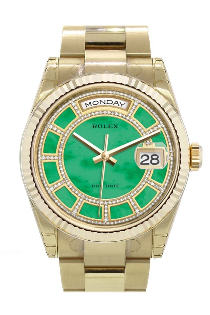 Rolex Day-Date 36 Carousel Of Green Jade Dial Fluted Bezel Yellow Gold Watch 118238