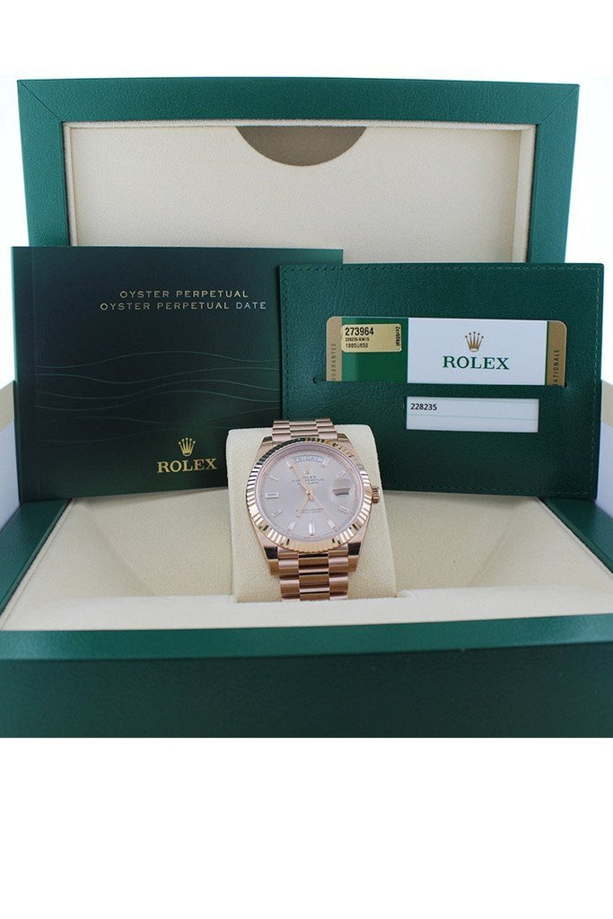 Rolex Day-Date 40 Sundust 10 Baguette-Cut Fluted Dial Diamond Bezel 18K Everose Gold President