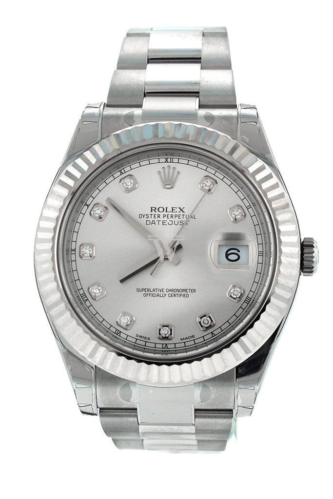 Rolex Datejust Ii 41 Steel Silver Diamond Dial 18Kt White Gold Fluted Bezel Mens Watch 116334