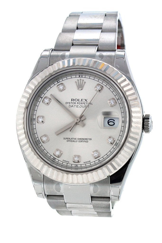 Rolex Datejust Ii 41 Steel Silver Diamond Dial 18Kt White Gold Fluted Bezel Mens Watch 116334