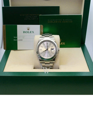 Rolex Datejust Ii 41 Silver Dial 18Kt White Gold Fluted Bezel Mens Watch 116334