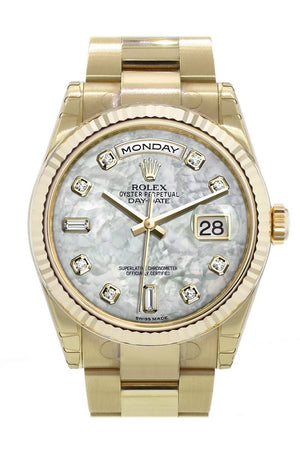 Rolex Day-Date 36 White Mother Of Pearl Set With Diamonds Dial Fluted Bezel Yellow Gold Watch 118238