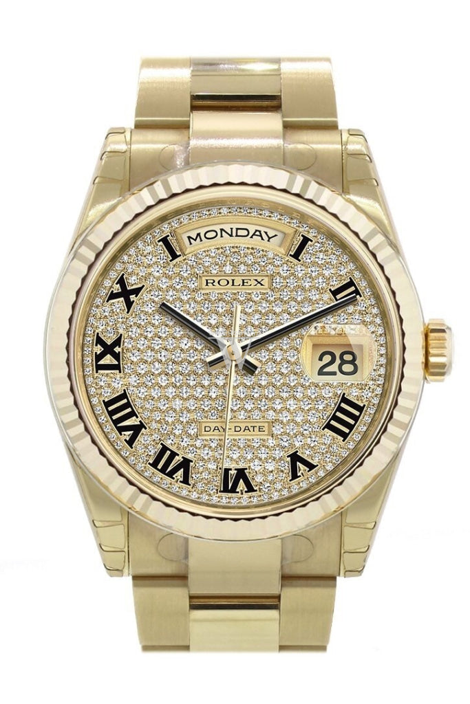 Rolex Day-Date 36 Diamond-Paved Dial Fluted Bezel Yellow Gold Watch 118238