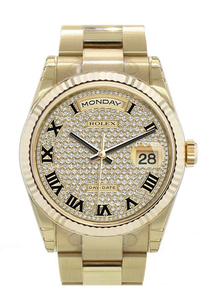 Rolex Day-Date 36 Diamond-Paved Dial Fluted Bezel Yellow Gold Watch 118238