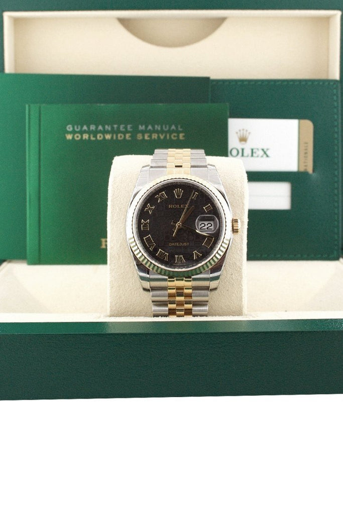 Rolex Datejust 36 Black Jubilee Roman Dial Fluted 18K Gold Two Tone Watch 116233