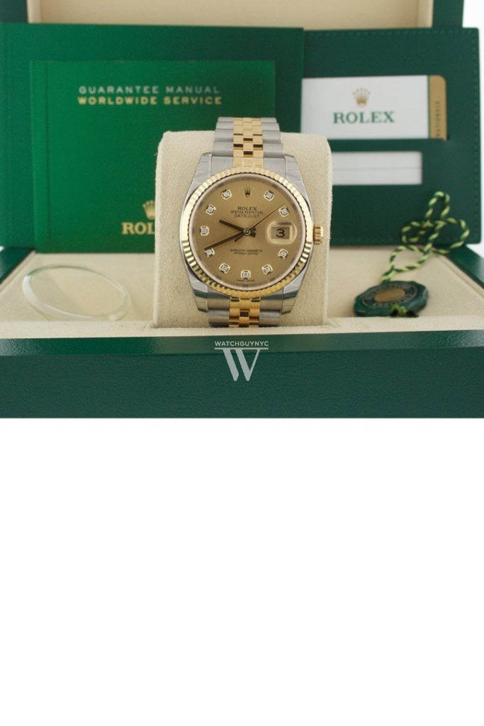 ROLEX 116233 Datejust 36 Champagne Diamond Dial Watch WatchGuyNYC