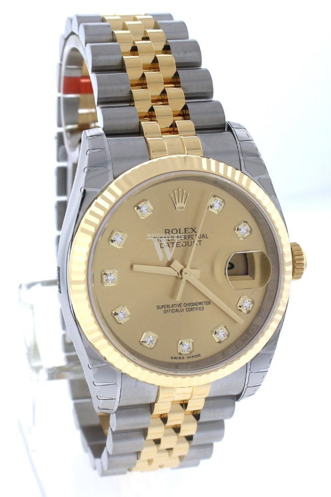 Rolex Datejust 36 Champagne-Colour Diamond Dial Fluted 18K Gold Two Tone Jubilee Watch 116233