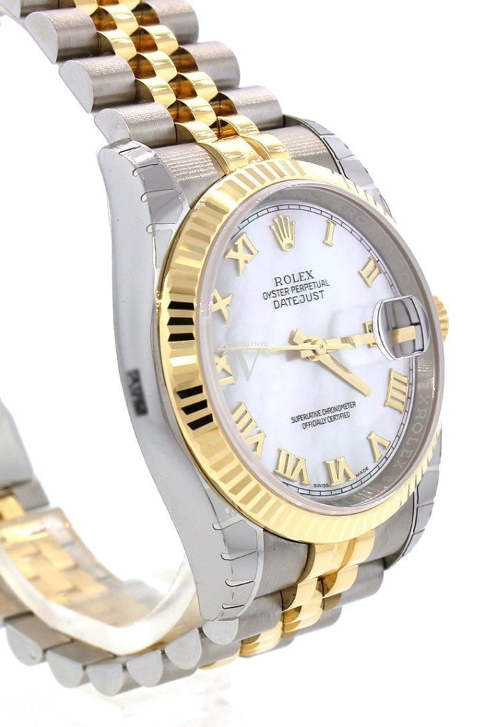 Rolex Datejust 36 White Mother-Of-Pearl Roman Dial Fluted 18K Gold Two Tone Jubilee Watch 116233