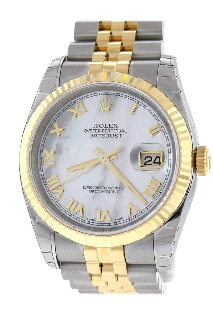 Rolex Datejust 36 White Mother-Of-Pearl Roman Dial Fluted 18K Gold Two Tone Jubilee Watch 116233