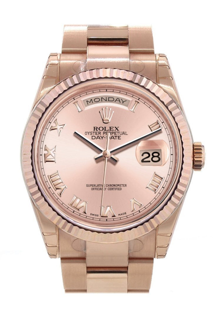 Rolex Day-Date 36 Pink Roman Dial Fluted Bezel Oyster Everose Gold Watch 118235