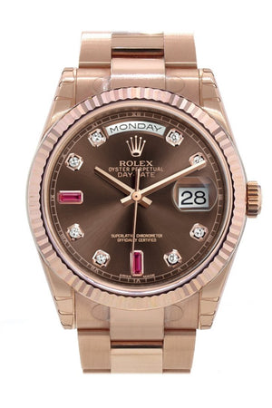 Rolex Day-Date 36 Chocolate Set With Diamonds And Rubies Dial Fluted Bezel Oyster Everose Gold Watch