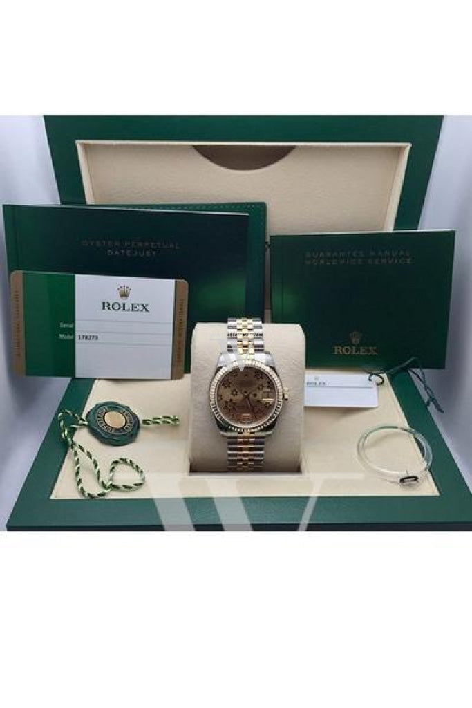 Rolex Datejust 31 Champagne Floral Motif Roman Dial Fluted Bezel 18K Gold Two Tone Jubilee Ladies