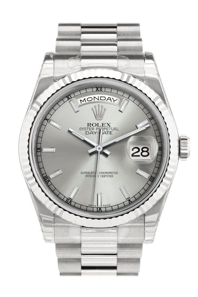 Rolex Day-Date 36 Silver Fluted Bezel President White Gold Watch 118239 | WatchGuyNYC