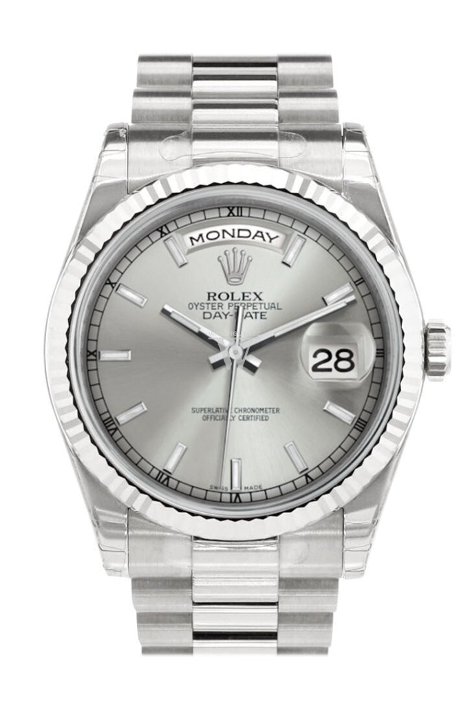 Rolex Day Date 36 Silver Dial Fluted Bezel President White Gold