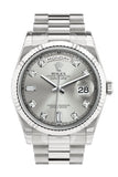 Rolex Day-Date 36 Silver Set With Diamonds Dial Fluted Bezel President White Gold Watch 118239