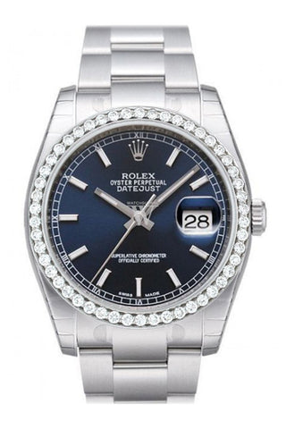 Custom Diamond Bezel Rolex Datejust 36 Blue Dial Stainless Steel Jubilee Mens Watch 116200