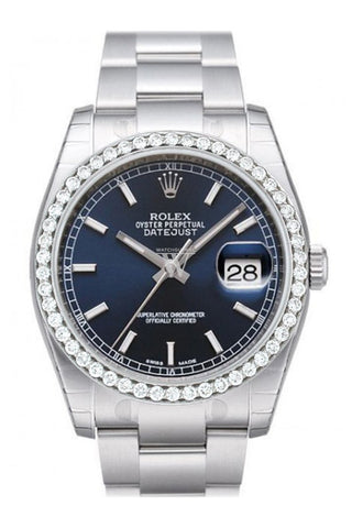 Custom Diamond Bezel Rolex Datejust 36 Blue Dial Stainless Steel Jubilee Mens Watch 116200