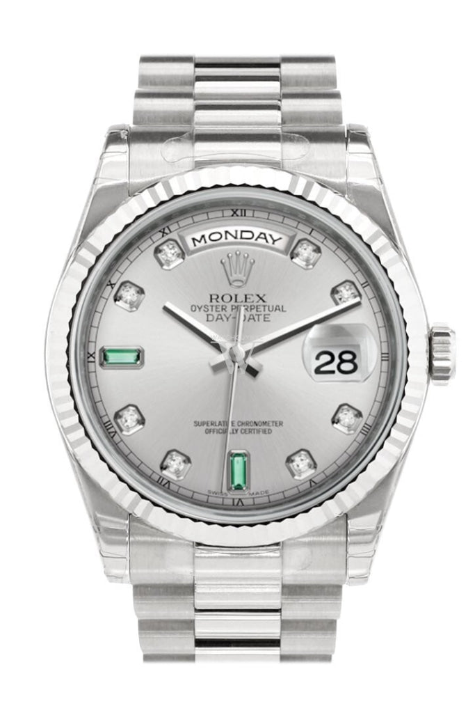 Rolex Day-Date 36 Rhodium Set With Diamonds And Emeralds Dial Fluted Bezel President White Gold