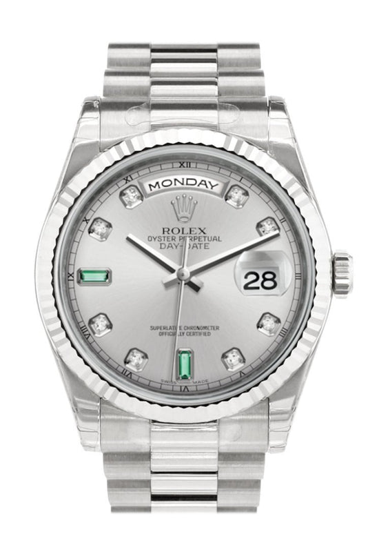 Rolex Day Date 36 Rhodiumset with Diamonds and emeralds Dial