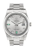 Rolex Day-Date 36 Rhodium Set With Diamonds And Emeralds Dial Fluted Bezel President White Gold