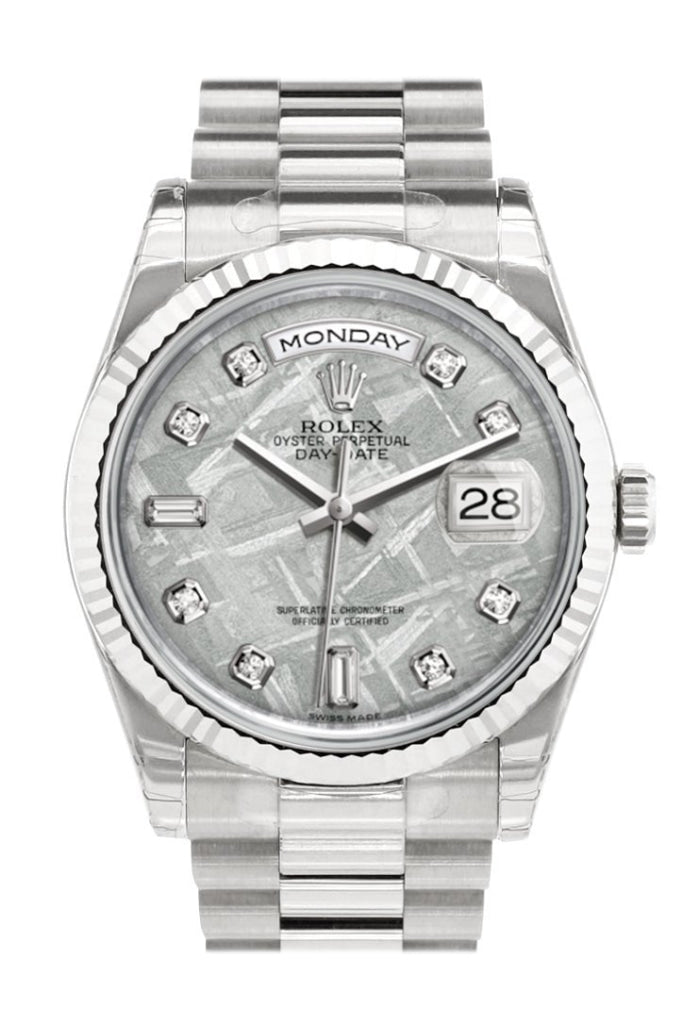 Rolex Day Date 36 Meteorite set with Diamonds Dial Fluted Bezel President White Gold Watch 118239