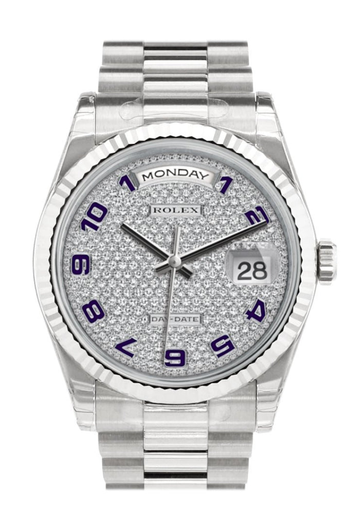 Rolex Day-Date 36 Diamond-Paved Dial Fluted Bezel President White Gold Watch 118239