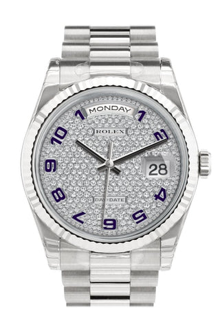 Rolex Day-Date 36 Diamond-Paved Dial Fluted Bezel President White Gold Watch 118239