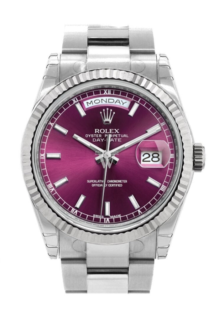 Rolex Day Date 36 Cherry Dial Fluted Bezel Oyster White Gold Watch