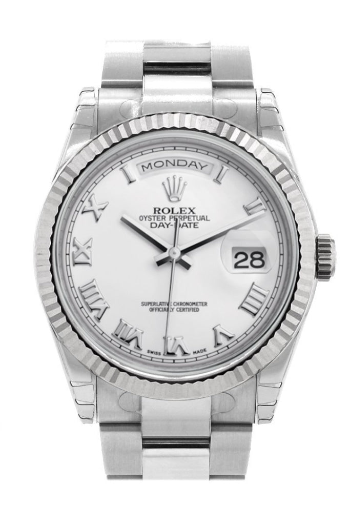 Rolex Day Date 36 White Dial Fluted Bezel Oyster White Gold Watch