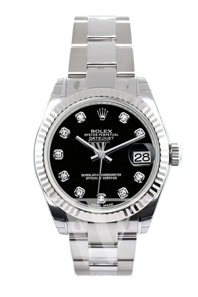 Rolex Datejust 31 Black Diamond Dial Gold Fluted Bezel Ladies Watch 178274